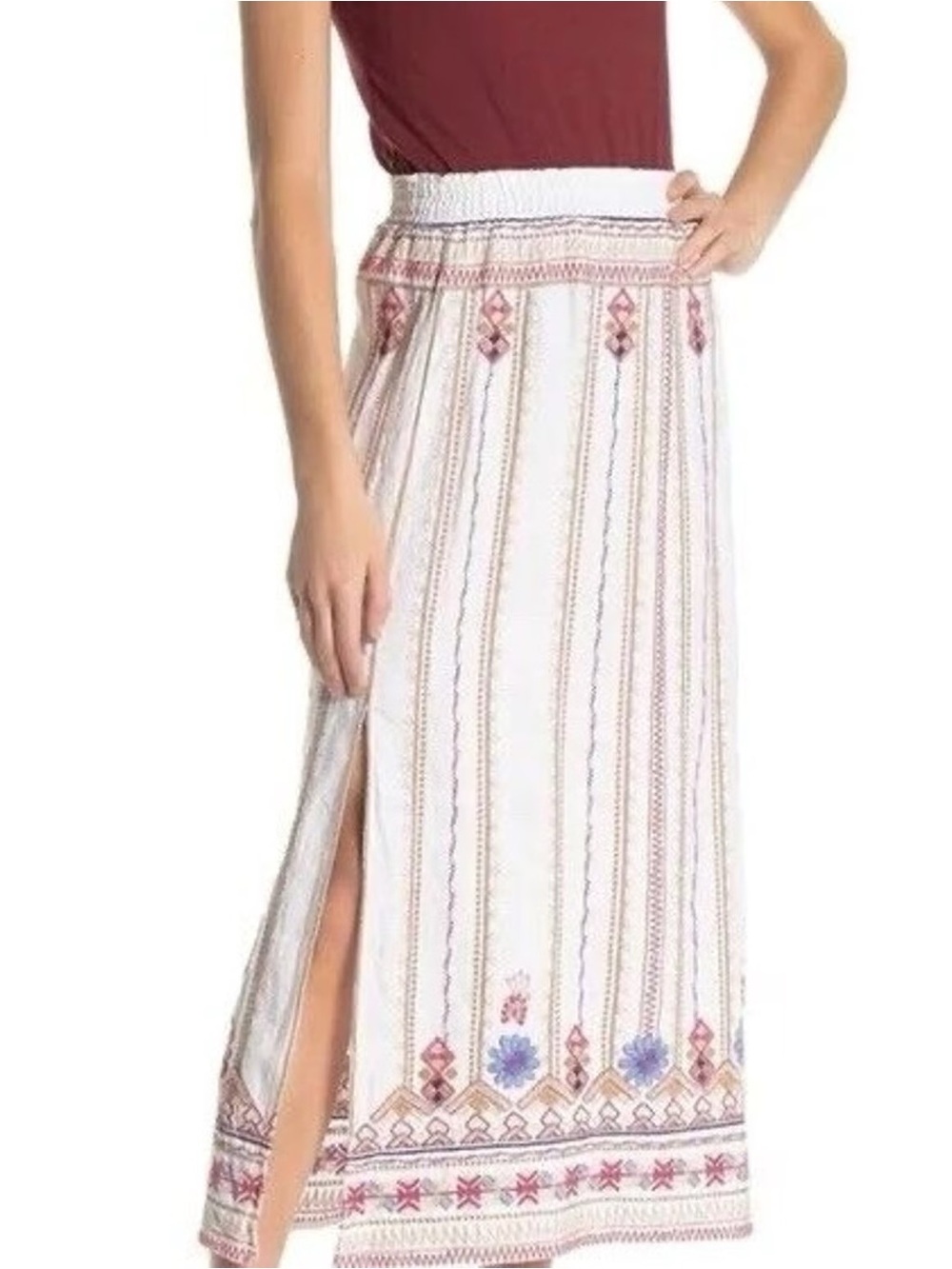 Johnny Was Frédérique Side Slit Linen Maxi Skirt White Embroidered Boho M - Picture 9 of 10